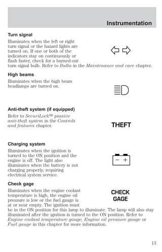 Instrumentation 
Turn signal 
Illuminates when the left or right 
turn signal or the hazard lights are 
turned on. If one or both of the 
indicators stay on continuously or 
flash faster, check for a burned-out 
turn signal bulb. Refer to Bulbs in the Maintenance and care chapter. 
High beams 
Illuminates when the high beam 
headlamps are turned on. 
Anti-theft system (if equipped) 
Refer to SecuriLocky passive 
anti-theft system in the Controls 
and features chapter. 
THEFT 
Charging system 
Illuminates when the ignition is 
turned to the ON position and the 
engine is off. The light also 
illuminates when the battery is not 
charging properly, requiring 
electrical system service. 
Check gage 
Illuminates when the engine coolant 
CHECK 
temperature is high, the engine oil 
pressure is low or the fuel gauge is 
GAGE 
at or near empty. The ignition must 
be in the ON position for this lamp to illuminate. The lamp will also stay 
illuminated after the ignition is turned to the ON position. Refer to 
Engine coolant temperature gauge, Engine oil pressure gauge or 
Fuel gauge in this chapter for more information. 
13 
 