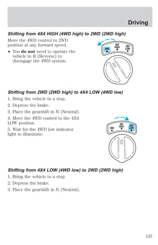 Shifting from 4X4 HIGH (4WD high) to 2WD (2WD high) 
Move the 4WD control to 2WD 
position at any forward speed. 
² You do not need to operate the 
vehicle in R (Reverse) to 
disengage the 4WD system. 
4X4 
2WD HIGH 
Shifting from 2WD (2WD high) to 4X4 LOW (4WD low) 
1. Bring the vehicle to a stop. 
2. Depress the brake. 
3. Place the gearshift in N (Neutral). 
4. Move the 4WD control to the 4X4 
LOW position. 
5. Wait for the 4WD low indicator 
light to illuminate. 
Shifting from 4X4 LOW (4WD low) to 2WD (2WD high) 
1. Bring the vehicle to a stop. 
2. Depress the brake. 
3. Place the gearshift in N (Neutral). 
Driving 
4X4 
LOW 
4X4 
2WD HIGH 
4X4 
LOW 
137 
 