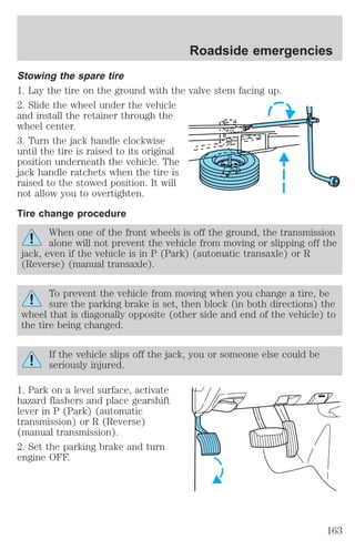 Stowing the spare tire 
1. Lay the tire on the ground with the valve stem facing up. 
2. Slide the wheel under the vehicle 
and install the retainer through the 
wheel center. 
3. Turn the jack handle clockwise 
until the tire is raised to its original 
position underneath the vehicle. The 
jack handle ratchets when the tire is 
raised to the stowed position. It will 
not allow you to overtighten. 
Tire change procedure 
When one of the front wheels is off the ground, the transmission 
alone will not prevent the vehicle from moving or slipping off the 
jack, even if the vehicle is in P (Park) (automatic transaxle) or R 
(Reverse) (manual transaxle). 
To prevent the vehicle from moving when you change a tire, be 
sure the parking brake is set, then block (in both directions) the 
wheel that is diagonally opposite (other side and end of the vehicle) to 
the tire being changed. 
If the vehicle slips off the jack, you or someone else could be 
seriously injured. 
1. Park on a level surface, activate 
hazard flashers and place gearshift 
lever in P (Park) (automatic 
transmission) or R (Reverse) 
(manual transmission). 
2. Set the parking brake and turn 
engine OFF. 
Roadside emergencies 
163 
 