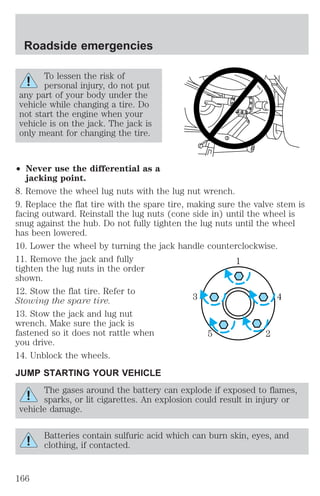 Roadside emergencies 
To lessen the risk of 
personal injury, do not put 
any part of your body under the 
vehicle while changing a tire. Do 
not start the engine when your 
vehicle is on the jack. The jack is 
only meant for changing the tire. 
² Never use the differential as a 
jacking point. 
8. Remove the wheel lug nuts with the lug nut wrench. 
9. Replace the flat tire with the spare tire, making sure the valve stem is 
facing outward. Reinstall the lug nuts (cone side in) until the wheel is 
snug against the hub. Do not fully tighten the lug nuts until the wheel 
has been lowered. 
10. Lower the wheel by turning the jack handle counterclockwise. 
11. Remove the jack and fully 
1 
tighten the lug nuts in the order 
shown. 
12. Stow the flat tire. Refer to 
Stowing the spare tire. 
3 4 
13. Stow the jack and lug nut 
wrench. Make sure the jack is 
fastened so it does not rattle when 
5 2 
you drive. 
14. Unblock the wheels. 
JUMP STARTING YOUR VEHICLE 
The gases around the battery can explode if exposed to flames, 
sparks, or lit cigarettes. An explosion could result in injury or 
vehicle damage. 
Batteries contain sulfuric acid which can burn skin, eyes, and 
clothing, if contacted. 
166 
 