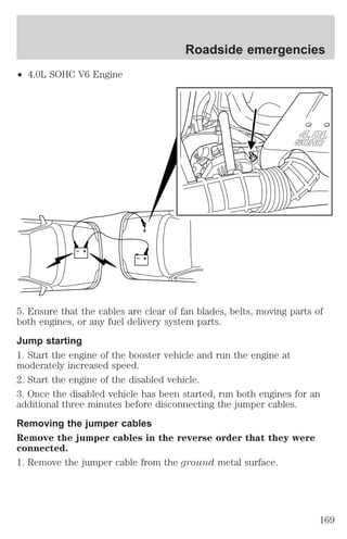 ² 4.0L SOHC V6 Engine 
+ 
– 
+ 
– 
Roadside emergencies 
5. Ensure that the cables are clear of fan blades, belts, moving parts of 
both engines, or any fuel delivery system parts. 
Jump starting 
1. Start the engine of the booster vehicle and run the engine at 
moderately increased speed. 
2. Start the engine of the disabled vehicle. 
3. Once the disabled vehicle has been started, run both engines for an 
additional three minutes before disconnecting the jumper cables. 
Removing the jumper cables 
Remove the jumper cables in the reverse order that they were 
connected. 
1. Remove the jumper cable from the ground metal surface. 
169 
 