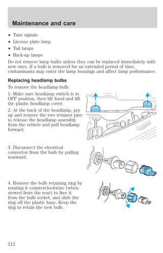 Maintenance and care 
² Turn signals 
² License plate lamp 
² Tail lamps 
² Back-up lamps 
Do not remove lamp bulbs unless they can be replaced immediately with 
new ones. If a bulb is removed for an extended period of time, 
contaminants may enter the lamp housings and affect lamp performance. 
Replacing headlamp bulbs 
To remove the headlamp bulb: 
1. Make sure headlamp switch is in 
OFF position, then lift hood and lift 
the plastic headlamp cover. 
2. At the back of the headlamp, pry 
up and remove the two retainer pins 
to release the headlamp assembly 
from the vehicle and pull headlamp 
forward. 
3. Disconnect the electrical 
connector from the bulb by pulling 
rearward. 
4. Remove the bulb retaining ring by 
rotating it counterclockwise (when 
viewed from the rear) to free it 
from the bulb socket, and slide the 
ring off the plastic base. Keep the 
ring to retain the new bulb. 
212 
 