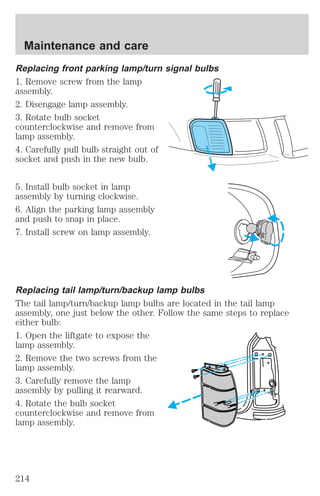 Maintenance and care 
Replacing front parking lamp/turn signal bulbs 
1. Remove screw from the lamp 
assembly. 
2. Disengage lamp assembly. 
3. Rotate bulb socket 
counterclockwise and remove from 
lamp assembly. 
4. Carefully pull bulb straight out of 
socket and push in the new bulb. 
5. Install bulb socket in lamp 
assembly by turning clockwise. 
6. Align the parking lamp assembly 
and push to snap in place. 
7. Install screw on lamp assembly. 
Replacing tail lamp/turn/backup lamp bulbs 
The tail lamp/turn/backup lamp bulbs are located in the tail lamp 
assembly, one just below the other. Follow the same steps to replace 
either bulb: 
1. Open the liftgate to expose the 
lamp assembly. 
2. Remove the two screws from the 
lamp assembly. 
3. Carefully remove the lamp 
assembly by pulling it rearward. 
4. Rotate the bulb socket 
counterclockwise and remove from 
lamp assembly. 
214 
 