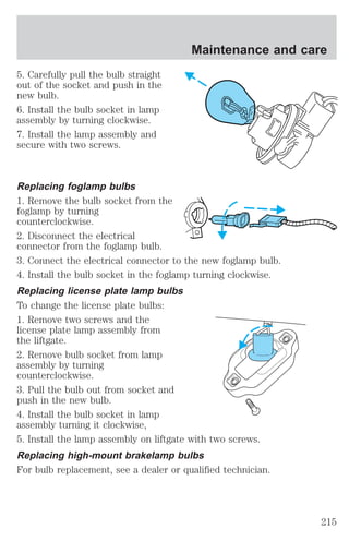 5. Carefully pull the bulb straight 
out of the socket and push in the 
new bulb. 
6. Install the bulb socket in lamp 
assembly by turning clockwise. 
7. Install the lamp assembly and 
secure with two screws. 
Maintenance and care 
Replacing foglamp bulbs 
1. Remove the bulb socket from the 
foglamp by turning 
counterclockwise. 
2. Disconnect the electrical 
connector from the foglamp bulb. 
3. Connect the electrical connector to the new foglamp bulb. 
4. Install the bulb socket in the foglamp turning clockwise. 
Replacing license plate lamp bulbs 
To change the license plate bulbs: 
1. Remove two screws and the 
license plate lamp assembly from 
the liftgate. 
2. Remove bulb socket from lamp 
assembly by turning 
counterclockwise. 
3. Pull the bulb out from socket and 
push in the new bulb. 
4. Install the bulb socket in lamp 
assembly turning it clockwise, 
5. Install the lamp assembly on liftgate with two screws. 
Replacing high-mount brakelamp bulbs 
For bulb replacement, see a dealer or qualified technician. 
215 
 