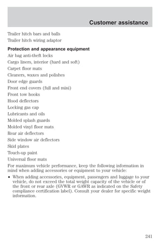 Customer assistance 
Trailer hitch bars and balls 
Trailer hitch wiring adaptor 
Protection and appearance equipment 
Air bag anti-theft locks 
Cargo liners, interior (hard and soft) 
Carpet floor mats 
Cleaners, waxes and polishes 
Door edge guards 
Front end covers (full and mini) 
Front tow hooks 
Hood deflectors 
Locking gas cap 
Lubricants and oils 
Molded splash guards 
Molded vinyl floor mats 
Rear air deflectors 
Side window air deflectors 
Skid plates 
Touch-up paint 
Universal floor mats 
For maximum vehicle performance, keep the following information in 
mind when adding accessories or equipment to your vehicle: 
² When adding accessories, equipment, passengers and luggage to your 
vehicle, do not exceed the total weight capacity of the vehicle or of 
the front or rear axle (GVWR or GAWR as indicated on the Safety 
compliance certification label). Consult your dealer for specific weight 
information. 
241 
 