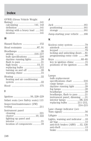 GVWR (Gross Vehicle Weight 
Rating) .......................................141 
calculating .......................141, 143 
definition .................................141 
driving with a heavy load ......141 
location ....................................141 
H 
Hazard flashers .........................152 
Head restraints .....................87, 91 
Headlamps ...................................20 
aiming ..............................216–217 
bulb specifications ..................216 
daytime running lights .............20 
flash to pass ..............................21 
high beam ...........................13, 21 
replacing bulbs .......................212 
turning on and off ....................20 
warning chime ..........................15 
Heating ........................................22 
heating and air conditioning 
system .......................................22 
Hood ..........................................175 
I 
Ignition .........................56, 228–229 
Infant seats (see Safety seats) 113 
Inspection/maintenance (I/M) 
testing ........................................211 
Instrument panel 
cleaning ...................................221 
cluster ................................10, 222 
lighting up panel and 
interior .......................................21 
location of components ............10 
J 
Jack ............................................161 
positioning ...............................161 
storage .....................................161 
Jump-starting your vehicle ......166 
K 
Keyless entry system .................79 
autolock .....................................82 
keypad .......................................79 
locking and unlocking doors ....81 
programming entry code .........80 
Keys .......................................83–85 
key in ignition chime ...............15 
positions of the ignition ...........56 
L 
Lamps 
bulb replacement 
specifications chart ................216 
cargo lamps ...............................21 
daytime running light ...............20 
fog lamps ...................................20 
headlamps .................................20 
headlamps, flash to pass ..........21 
instrument panel, dimming .....21 
interior lamps ...................68, 216 
replacing bulbs ..............211–212, 
214–215 
Lane change indicator (see 
Turn signal) .................................56 
Liftgate ........................................73 
Lights, warning and indicator ....10 
air bag ........................................12 
anti-lock brakes (ABS) ....12, 126 
anti-theft ...................................13 
brake ..........................................12 
Index 
248 
 