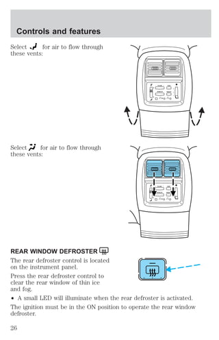 Controls and features 
Select for air to flow through 
these vents: 
Select for air to flow through 
these vents: 
– VOLUME + BAND 
SEEK 
MEMORY 
3 
2 
1 
– VOLUME + BAND 
SEEK 
3 
2 
1 
MEMORY 
REAR WINDOW DEFROSTER 
The rear defroster control is located 
on the instrument panel. 
Press the rear defroster control to 
clear the rear window of thin ice 
and fog. 
² A small LED will illuminate when the rear defroster is activated. 
The ignition must be in the ON position to operate the rear window 
defroster. 
26 
 
