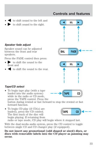 ² to shift sound to the left and 
² to shift sound to the right. 
Speaker fade adjust 
Speaker sound can be adjusted 
between the front and rear 
speakers. 
Press the FADE control then press: 
² to shift the sound to the 
front and 
² to shift the sound to the rear. 
Tape/CD select 
² To begin tape play (with a tape 
Controls and features 
SEL 
BAL FADE 
SEL 
TAPE CD 
loaded into the audio system) 
while in the radio or CD mode, 
press the TAPE control. Press the 
button during rewind or fast forward to stop the rewind or fast 
forward function. 
² To begin CD play (if CD(s) are 
TAPE CD 
loaded), press the CD control. 
The first track of the disc will 
begin playing. If returning from 
radio or tape mode, CD play will begin where it stopped last. 
With the dual media audio system, press the CD control to toggle 
between single CD and CD changer play (if equipped). 
Do not insert any promotional (odd shaped or sized) discs, or 
discs with removable labels into the CD player as jamming may 
occur. 
33 
 