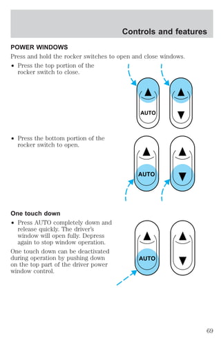 Controls and features 
POWER WINDOWS 
Press and hold the rocker switches to open and close windows. 
² Press the top portion of the 
rocker switch to close. 
² Press the bottom portion of the 
rocker switch to open. 
One touch down 
² Press AUTO completely down and 
release quickly. The driver’s 
window will open fully. Depress 
again to stop window operation. 
One touch down can be deactivated 
during operation by pushing down 
on the top part of the driver power 
window control. 
AUTO 
AUTO 
AUTO 
69 
 