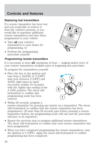 Controls and features 
Replacing lost transmitters 
If a remote transmitter has been lost 
and you would like to remove it 
from the vehicle’s memory, or you 
would like to purchase additional 
remote transmitters and have them 
programmed to your vehicle: 
² Take all your vehicle’s 
transmitters to your dealer for 
programming, or 
² Perform the programming 
procedure yourself 
Programming remote transmitters 
It is necessary to have all (maximum of four — original and/or new) of 
your remote transmitters available prior to beginning this procedure. 
To program the transmitters yourself: 
² Place the key in the ignition and 
turn from 2 (LOCK) to 3 (OFF) 
and cycle between 3 (OFF) and 
4(ON) eight times in rapid 
succession (within 10 seconds) 
with the eighth turn ending in the 
4 (ON) position. The doors will 
lock/unlock to confirm that 
programming mode has been 
entered. 
² Within 20 seconds, program a 
3 
2 
1 
5 
4 
remote transmitter by pressing any button on a transmitter. The doors 
will lock/unlock to confirm that the remote transmitter has been 
programmed. (If more than 20 seconds pass before pressing a remote 
transmitter button, the programming mode will exit and the procedure 
will have to be repeated.) 
² Repeat the previous step to program additional remote transmitters. 
The doors will lock/unlock to confirm that each remote transmitter has 
been programmed. 
² When you have completed programming the remote transmitters, turn 
the ignition to 3 (OFF). Again the doors will lock/unlock to confirm 
programming has been completed. 
78 
 