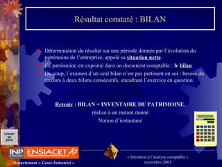 16Département « Génie Industriel »
« Initiation à l’analyse comptable »
novembre 2003
retour
au
plan
Résultat constaté : BILAN
 Détermination du résultat sur une période donnée par l’évolution du
patrimoine de l’entreprise, appelé sa situation nette.
 Ce patrimoine est exprimé dans un document comptable : le bilan
 Du coup, l’examen d’un seul bilan n’est pas pertinent en soi : besoin du
recours à deux bilans consécutifs, encadrant l’exercice en question.
Retenir : BILAN = INVENTAIRE DU PATRIMOINE,
réalisé à un instant donné
Notion d’instantané
 
