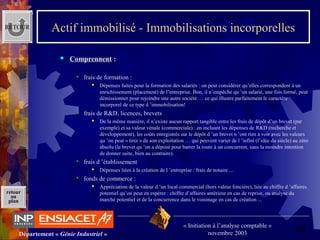 48Département « Génie Industriel »
« Initiation à l’analyse comptable »
novembre 2003
retour
au
plan
Actif immobilisé - Immobilisations incorporelles
 Comprennent :
 frais de formation :
 Dépenses faites pour la formation des salariés : on peut considérer qu’elles correspondent à un 
enrichissement (placement) de l’entreprise. Bon, il n’empêche qu ’un salarié, une fois formé, peut 
démissionner pour rejoindre une autre société … ce qui illustre parfaitement le caractère 
incorporel de ce type d ’immobilisation!
 frais de R&D, licences, brevets
 De la même manière, il n’existe aucun rapport tangible entre les frais de dépôt d’un brevet (par 
exemple) et sa valeur vénale (commerciale) : en incluant les dépenses de R&D (recherche et 
développement), les coûts enregistrés sur le dépôt d ’un brevet n ’ont rien à voir avec les valeurs 
qu ’on peut « tirer » de son exploitation … qui peuvent varier de l ’infini (l’idée du siècle) au zéro 
absolu (le brevet qu ’on a déposé pour barrer la route à un concurrent, sans la moindre intention 
de donner suite, bien au contraire).
 frais d ’établissement
 Dépenses liées à la création de l ’entreprise : frais de notaire ...
 fonds de commerce :
 Appréciation de la valeur d ’un local commercial (hors valeur foncière), liée au chiffre d ’affaires 
potentiel qu’on peut en espérer : chiffre d’affaires antérieur en cas de reprise, ou analyse du 
marché potentiel et de la concurrence dans le voisinage en cas de création ...
RETOUR
 