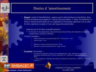 52Département « Génie Industriel »
« Initiation à l’analyse comptable »
novembre 2003
retour
au
plan
Durées d ’amortissement
 Rappel : notion d ’immobilisation : suppose que la valeur du bien est immobilisée, donc 
investie durablement par rapport à l ’exercice fiscal par défaut : l ’année. Par définition, la 
durée d ’amortissement (durée de vie comptable) est strictement supérieure à un an. dans 
les faits, supérieure ou égale à 3 ans, sauf négociation particulière.
 … Imposées par la loi (plan comptable général) …
 En fonction d ’une appréciation, nature de bien par nature de bien, de la durée de vie supposée 
(comprend donc une part d ’arbitraire)
 A titre d ’exemples :
 matériel informatique courant (bureautique, PC) : 3 ans (serveurs : 5 ans)
 véhicules légers : 5 ans
 …
 Bâtiments à vocation commerciale (bureaux) : 20 ans
 Bâtiments à vocation industrielle (ateliers) : jusqu ’à 50 ans
 Exception : les terrains …
 Evolution de la valeur dans le temps a priori indépendante de l ’usage : dépend beaucoup plus des 
spéculations immobilières (paris collectifs indépendants de l ’exploitation) : non amortissables par 
défaut…
 … sauf si, justement, l ’exploitation provoque une évolution de la valeur (mines, carrières, gravières, puits
de pétrole, …)
RETOUR
 
