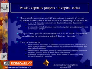 56Département « Génie Industriel »
« Initiation à l’analyse comptable »
novembre 2003
retour
au
plan
Passif / capitaux propres : le capital social
 Moyens dont les actionnaires ont doté l ’entreprise, en contrepartie d ’ actions, 
véritables « titres de propriété » sur cette entreprise, propriété qui se concrétise par:
 un pouvoir de décision (proportionnel à la part des actions détenues) lors des assemblées 
générales des actionnaires,
 le versement des dividendes (également proportionnels à la part des actions détenues) prélevés sur 
les bénéfices de l ’entreprise.
 Le capital est une grandeur relativement stable (il n ’est pas modifié fréquemment, 
et sa modification est un événement majeur de la vie de l ’entreprise).
 Il peut être augmenté par :
 Apport de capitaux nouveaux par les actionnaires actuels (augmentation des capitaux propres, le 
pouvoir restant aux mains des mêmes actionnaires, avec éventuellement évolution de leurs poids 
respectifs dans les décisions),
 Apport de capitaux nouveaux par ouverture du capital à de nouveaux actionnaires (augmentation 
des capitaux propres, et dilution du pouvoir des anciens actionnaires),
 Incorporation des réserves au capital (capitaux propres constants, et rien de changé dans la 
structure décisionnelle de l ’entreprise).
RETOUR
 