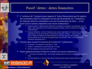 59Département « Génie Industriel »
« Initiation à l’analyse comptable »
novembre 2003
retour
au
plan
Passif / dettes : dettes financières
 L ’existence de l ’entreprise peut supposer d ’autres financements que les apports 
des actionnaires (dont la contrepartie est une part de propriété sur l ’entreprise) : 
les emprunts (dont les contreparties sont une reconnaissance de dette … et des 
loyers sur les sommes empruntées non encore remboursées)
 Emprunt auprès d ’établissements financiers (ou industriel, ou auprès d ’un particulier, tout est 
légal) : après négociation sur le montant emprunté, la durée, le taux d ’intérêt et les modalités de 
remboursement.
 Emprunt obligataire : au lieu d ’emprunter une somme importante à un interlocuteur unique (après 
négociation), « mise sur le marché » de plusieurs (centaines, milliers, ...) petits contrats. Durée, 
taux d ’intérêt et modalités de remboursements ne sont plus négociés mais proposés : en revanche 
pas de certitude sur le succès de cet emprunt (pas assez attractif : échec ; succès instantané : 
conditions trop généreuses?).
 Classées dans le passif en fonction de la durée de l ’endettement :
 En premier : les emprunts à long terme (> 5 ans)
 ensuite, l ’endettement à moyen terme (de 3 à 5 ans)
 Puis les emprunts court terme (moins de 3 ans).
 Seules apparaissent dans le bilan les sommes non encore remboursées …
 … et non pas le montant initial : seul compte (logiquement) le niveau d ’endettement à la date du 
bilan
 Les frais financiers n ’ont rien à faire dans le bilan non plus (aucun caractère patrimonial).
RETOUR
 
