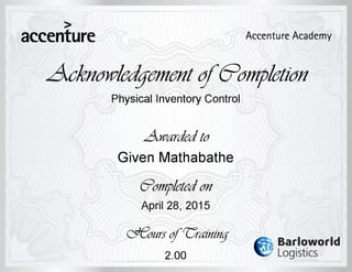 Physical Inventory Certificate