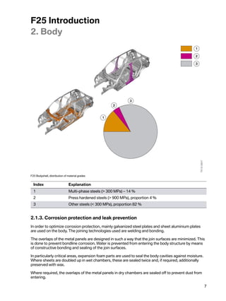 F25Introduction
2.Body




F25Bodyshell,distributionofmaterialgrades


  Index                        Explanation
  1                            Multi-phasesteels(300MPa)–14%
  2                            Presshardenedsteels(900MPa),proportion4%
  3                            Othersteels(300MPa),proportion82%


2.1.3.Corrosionprotectionandleakprevention
Inordertooptimizecorrosionprotection,mainlygalvanizedsteelplatesandsheetaluminiumplates
areusedonthebody.Thejoiningtechnologiesusedareweldingandbonding.

Theoverlapsofthemetalpanelsaredesignedinsuchawaythatthejoinsurfacesareminimized.This
isdonetopreventbondlinecorrosion.Waterispreventedfromenteringthebodystructurebymeans
ofconstructivebondingandsealingofthejoinsurfaces.

Inparticularlycriticalareas,expansionfoampartsareusedtosealthebodycavitiesagainstmoisture.
Wheresheetsaredoubledupinwetchambers,thesearesealedtwiceand,ifrequired,additionally
preservedwithwax.

Whererequired,theoverlapsofthemetalpanelsindrychambersaresealedofftopreventdustfrom
entering.

                                                                                                            7
 