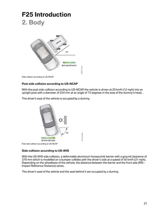 F25Introduction
2.Body




SidecollisionaccordingtoUS-NCAP


PostsidecollisionaccordingtoUS-NCAP

WiththepostsidecollisionaccordingtoUS-NCAP ,thevehicleisdrivenat20 km/h(12 mph)intoan
uprightpostwithadiameterof254 mmatanangleof75degreesintheareaofthedummy'shead..

Thedriver'sseatofthevehicleisoccupiedbyadummy.




PostsidecollisionaccordingtoUS-NCAP


SidecollisionaccordingtoUS-IIHS

WiththeUS-IIHSsidecollision,adeformablealuminiumhoneycombbarrierwithagroundclearanceof
379 mmwhichismodelledonabumpercollideswiththedriver'ssideataspeedof50 km/h(31 mph).
Dependingonthewheelbaseofthevehicle,thedistancebetweenthebarrierandthefrontaxle(IRD-
ImpactReferenceDistance)varies.

Thedriver'sseatofthevehicleandtheseatbehinditareoccupiedbyadummy.




                                                                                                        21
 