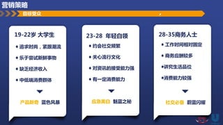 19-22岁 大学生
♦ 追求时尚，紧跟潮流
♦ 乐于尝试新鲜事物
♦ 缺乏经济收入
♦ 中低端消费群体
产品新奇 蓝色风暴
23-28 年轻白领
♦ 约会社交频繁
♦ 关心流行文化
♦ 对资讯的接受能力强
♦ 有一定消费能力
应急美白 魅蓝之秘
28-35商务人士
♦ 工作时间相对固定
♦ 商务应酬较多
♦讲究生活品位
♦消费能力较强
社交必备 蔚蓝闪耀
目标受众
营销策略
 