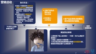 微博
话题制造
执行方法：
选定人气男星发布清晰可见
嘴唇上蓝色泡沫的刷牙萌照
安排网络水军制造话题引发
网友热议，并提出对产品的
探讨。
利用后台进行大数据分析：
搜索条目中加入关键词
“男神刷牙+蓝色牙膏”；
相关搜索后加入“你可能感
兴趣的产品”中华金纯魔力
迅白牙膏。
♦ 主推产品特点：
蓝色泡沫
与众不同
♦ 针对受众：
大学学生
1.男神用了别人的牙刷！！可恶！为什么用的不
是我的！
2.难道..这是在XX家里嘛？？
3.你们有没有发现男神刷出来的泡沫是蓝色的..
谁能告诉我这是什么高级货0. 0
网友热议举例
♦ 使产品及其特点的曝光
度在短时间内剧增。
营销活动
“今天早上好像
拿错牙刷了”
 