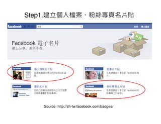 Step1.建立個人檔案、粉絲專頁名片貼




   Source: http://zh-tw.facebook.com/badges/
 