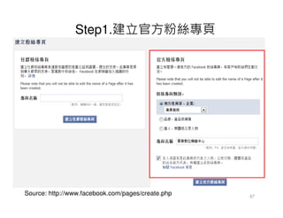 Step1.建立官方粉絲專頁




Source: http://www.facebook.com/pages/create.php   67
 