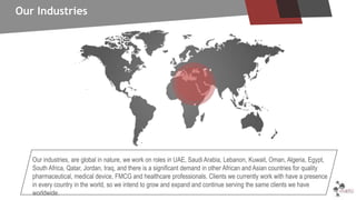 Our industries, are global in nature, we work on roles in UAE, Saudi Arabia, Lebanon, Kuwait, Oman, Algeria, Egypt,
South Africa, Qatar, Jordan, Iraq, and there is a significant demand in other African and Asian countries for quality
pharmaceutical, medical device, FMCG and healthcare professionals. Clients we currently work with have a presence
in every country in the world, so we intend to grow and expand and continue serving the same clients we have
worldwide.
Our Industries
 