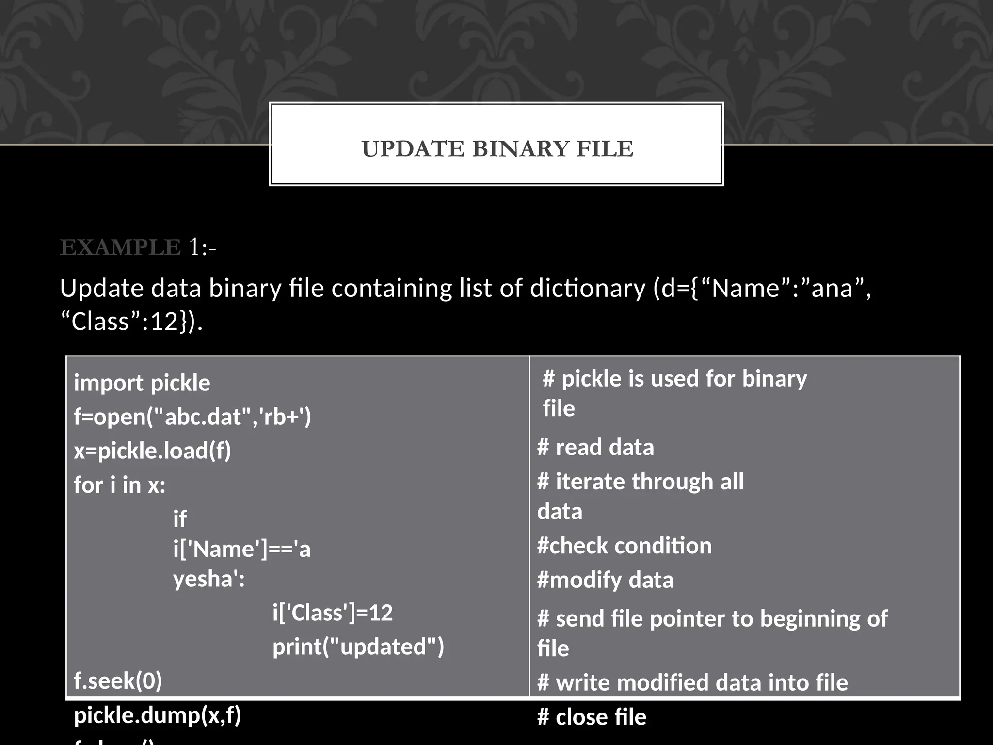 EXAMPLE 1:-
Update data binary file containing list of dictionary (d={“Name”:”ana”,
“Class”:12}).
UPDATE BINARY FILE
import pickle
f=open("abc.dat",'rb+')
x=pickle.load(f)
for i in x:
if
i['Name']=='a
yesha':
i['Class']=12
print("updated")
f.seek(0)
pickle.dump(x,f)
# pickle is used for binary
file
# read data
# iterate through all
data
#check condition
#modify data
# send file pointer to beginning of
file
# write modified data into file
# close file
 