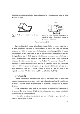 queda de pressão e turbulências ocasionadas durante a passagem e a saída do ﬂuido
de corte do bocal.

Figura 10. Bico tradicional de saída de
fluido.

Figura 11. Bico especial arredondado de
saída de fluido - minimiza a queda de
pressão e a turbulência.

Fonte: Catai et al, 2003.

O principal obstáculo para a aplicação correta dos fluidos de corte é a barreira de
ar a ser suplantada, resultado da própria rotação do rebolo. Isto pode ser efetuado
aplicando-se o fluido de corte a uma velocidade igual à velocidade periférica do rebolo.
Entretanto, um projeto inadequado do bico de aplicação de fluido e das tubulações leva
à dispersão do jato de fluido durante a tentativa de aumentar a sua velocidade de
saída. O desempenho dos fluidos de corte será aumentado se todo o sistema de
aplicação (bomba, projeto do bico e tubulações) for otimizado. Reduzindo ou
eliminando o efeito da camada de ar, além de se conseguir utilizar uma quantidade
menor de ﬂuido no processo, principalmente quando se trabalha com retiﬁcações de
altas velocidades de corte, é possível diminuir as forças de corte em até 60% e a
rugosidade, em até 20% (Ramesh et al., 2001 apud Catai et al., 2003).
b) Torneamento
Com um volume mais amplo possível, aplica-se o fluido por cima do gume, sem
pressão, para evitar que os cavacos mudem a direção do jato e o local de trabalho seja
inundado. O volume mínimo recomendável é da ordem de 5 l/min por kW de potência
de corte.
O tubo de saída do fluido deve ter um diâmetro de ao menos ¾ da largura da
ferramenta. Sua boca deve ser dirigida diretamente sobre o gume e estar situada tão
próxima quanto possível do mesmo.
Em cortes pesados, deve-se aplicar um jato por baixo do gume com alguma
pressão, além do jato por cima.
22

 