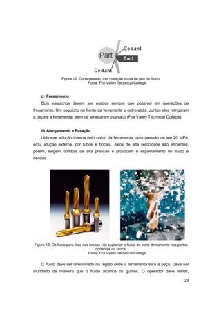Figura 12. Corte pesado com inserção dupla de jato de fluido.
Fonte: Fox Valley Technical College.

c) Fresamento
Dois esguichos devem ser usados sempre que possível em operações de
fresamento. Um esguicho na frente da ferramente e outro atrás. Juntos eles refrigeram
a peça e a ferramenta, além de arrastarem o cavaco (Fox Valley Technical College).
d) Alargamento e Furação
Utiliza-se adução interna pelo corpo da ferramenta, com pressão de até 20 MPa,
e/ou adução externa, por tubos e bocais. Jatos de alta velocidade são eficientes,
porém, exigem bombas de alta pressão e provocam o espalhamento do fluido e
névoas.

Figura 13. Os furos para óleo nas brocas vão suplantar o fluido de corte diretamente nas partes
cortantes da broca.
Fonte: Fox Valley Technical College.

O fluido deve ser direcionado na região onde a ferramenta toca a peça. Deve ser
inundado de maneira que o fluido alcance os gumes. O operador deve retirar,
23

 