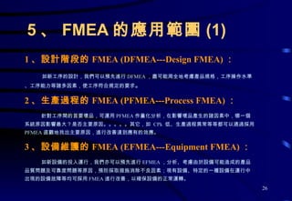 5 、 FMEA 的應用範圍 (1) 1 、設計階段的 FMEA (DFMEA---Design FMEA) ： 如新工序的設計，我們可以預先進行 DFMEA ，盡可能周全地考慮產品規格，工序操作水準、工序能力等諸多因素，使工序符合規定的要求 。 2 、生產過程的 FMEA (PFMEA---Process FMEA) ： 針對工序間的首要壞品，可運用 PFMEA 作量化分析，在影響壞品產生的諸因素中，哪一個系統原因影響最大？是否主要原因。。。。。其它，如  CPk  低、生產過程異常等等都可以通過採用 PFMEA 直觀地找出主要原因，進行改善達到應有的效應。 3 、設備維護的 FMEA (EFMEA---Equipment FMEA) ： 如新設備的投入運行，我們亦可以預先進行 EFMEA ，分析、考慮由於設備可能造成的產品品質問題及可靠度問題等原因，預防採取措施消除不良因素；現有設備、特定的一種設備在運行中出現的設備故障等均可採用 FMEA 進行改善，以確保設備的正常運轉。 