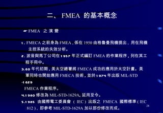    FMEA  之 演 變 1.  FMECA 之前身為 FMEA , 係在 1950 由格魯曼飛機提出 ,  用在飛機 主控系統的失效分析 。  2. 波音與馬丁公司在 1957 年正式編訂 FMEA 的作業程序 , 列在其工 程手冊中。  3.60 年代初期 , 美太空總署將 FMECA 成功的應用於太空計畫。美 軍同時也開始應用 FMECA 技術 , 並於 1974 年出版 MIL-STD - 1629 FMECA 作業程序 。  4.1980 修改為 MIL-STD-1629A , 延用至今。  5.1985  由國際電工委員會  (  IEC )  出版之  FMECA  國際標準 ( IEC  812 ) ,  即參考 MIL-STD-1629A 加以部份修改而成 。  二、 FMEA  的基本概念 