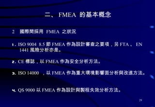    國際間採用  FMEA  之狀況 1.  ISO 9004  8.5 節 FMEA 作為設計審查之要項，另 FTA 、 EN  1441 風險分析亦是 。  2.  CE 標誌，以 FMEA 作為安全分析方法。  3.  ISO 14000  ，以 FMEA 作為重大環境影響面分析與改進方法 。  4.  QS 9000 以 FMEA 作為設計與製程失效分析方法。  二、 FMEA  的基本概念 