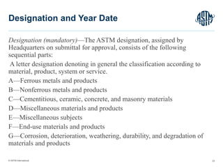 © ASTM International
Designation (mandatory)—The ASTM designation, assigned by
Headquarters on submittal for approval, consists of the following
sequential parts:
A letter designation denoting in general the classification according to
material, product, system or service.
A—Ferrous metals and products
B—Nonferrous metals and products
C—Cementitious, ceramic, concrete, and masonry materials
D—Miscellaneous materials and products
E—Miscellaneous subjects
F—End-use materials and products
G—Corrosion, deterioration, weathering, durability, and degradation of
materials and products
23
Designation and Year Date
 