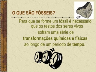 Para que se forme um fóssil é necessário que os restos dos seres vivos sofram uma série de transformações químicas e físicas ao longo de um período de  tempo .   O QUE SÃO FÓSSEIS? 