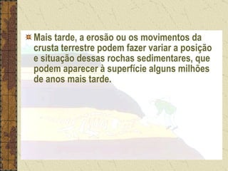 Mais tarde, a erosão ou os movimentos da crusta terrestre podem fazer variar a posição e situação dessas rochas sedimentares, que podem aparecer à superfície alguns milhões de anos mais tarde. 