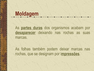 Moldagem As  partes duras  dos organismos acabam por  desaparecer  deixando nas rochas as suas marcas. As folhas também podem deixar marcas nas rochas, que se designam por i mpressões . 