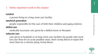 TheNursingAssistantinLong-TermCare
1
1. Define important words in this chapter
resident
a person living in a long-term care facility.
sandwich generation
people responsible for the care of both their children and aging relatives.
skilled care
medically necessary care given by a skilled nurse or therapist.
subacute care
care given in hospitals or in long-term care facilities for people who need
less care than for an acute (sudden onset, short-term) illness or injury but
more than for a chronic (long-term) illness.
12
 