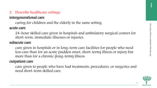 TheNursingAssistantinLong-TermCare
1
2. Describe healthcare settings
intergenerational care
caring for children and the elderly in the same setting.
acute care
24-hour skilled care given in hospitals and ambulatory surgical centers for
short-term, immediate illnesses or injuries.
subacute care
care given in hospitals or in long-term care facilities for people who need
less care than for an acute (sudden onset, short-term) illness or injury but
more than for a chronic (long-term) illness.
outpatient care
care given to people who have had treatments, procedures, or surgeries and
need short-term skilled care.
19
 