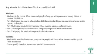 TheNursingAssistantinLong-TermCare
1
Key Material 1-1: Facts about Medicare and Medicaid
Medicare
• Medicare is for people 65 or older and people of any age with permanent kidney failure or
certain disabilities.
• Part A helps pay for care in a hospital or skilled nursing facility or for care from a home health
agency or hospice.
• Part B helps pay for doctor services and other medical services and equipment.
• Part C allows private health insurance companies to provide Medicare benefits.
• Part D helps pay for medications prescribed for treatment.
Medicaid
• Medicaid is a medical assistance program for people who have a low income and for people
with disabilities.
• People qualify based on income and special circumstances.
23
 