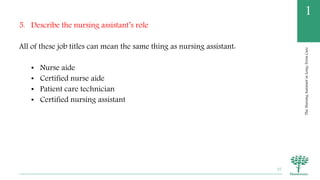 TheNursingAssistantinLong-TermCare
1
5. Describe the nursing assistant’s role
All of these job titles can mean the same thing as nursing assistant:
• Nurse aide
• Certified nurse aide
• Patient care technician
• Certified nursing assistant
37
 