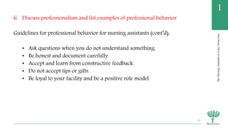 TheNursingAssistantinLong-TermCare
1
6. Discuss professionalism and list examples of professional behavior
Guidelines for professional behavior for nursing assistants (cont’d):
• Ask questions when you do not understand something.
• Be honest and document carefully.
• Accept and learn from constructive feedback.
• Do not accept tips or gifts.
• Be loyal to your facility and be a positive role model.
42
 