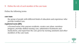 TheNursingAssistantinLong-TermCare
1
9. Define the role of each member of the care team
Define the following terms:
care team
the group of people with different kinds of education and experience who
provide resident care.
registered nurse (RN)
a licensed nurse who assesses residents, creates care plans, monitors
progress, provides skilled nursing care, administers treatments and
medications, and supervises the care given by nursing assistants and other
members of the care team.
55
 