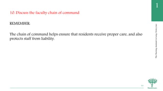 TheNursingAssistantinLong-TermCare
1
10. Discuss the faculty chain of command
REMEMBER:
The chain of command helps ensure that residents receive proper care, and also
protects staff from liability.
62
 