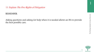 TheNursingAssistantinLong-TermCare
1
11. Explain The Five Rights of Delegation
REMEMBER:
Asking questions and asking for help when it is needed allows an NA to provide
the best possible care.
66
 