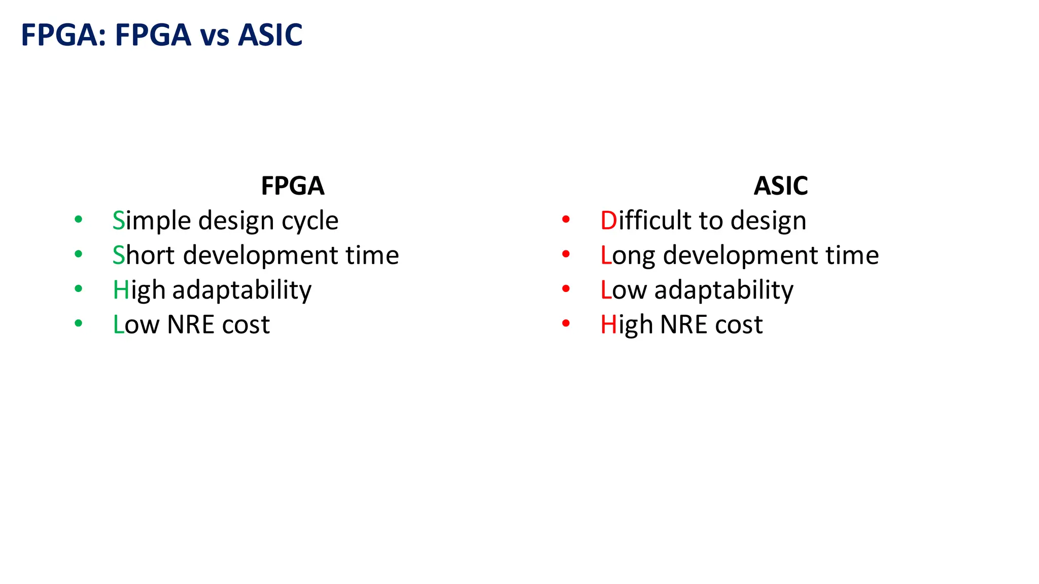 FPGA: FPGA vs ASIC
FPGA
• Simple design cycle
• Short development time
• High adaptability
• Low NRE cost
ASIC
• Difficult to design
• Long development time
• Low adaptability
• High NRE cost
 