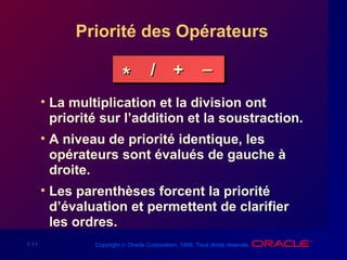 1-11 Copyright © Oracle Corporation, 1998. Tous droits réservés.
Priorité des Opérateurs
• La multiplication et la division ont
priorité sur l’addition et la soustraction.
• A niveau de priorité identique, les
opérateurs sont évalués de gauche à
droite.
• Les parenthèses forcent la priorité
d’évaluation et permettent de clarifier
les ordres.
** // ++ __
 