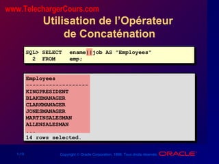 1-19 Copyright © Oracle Corporation, 1998. Tous droits réservés.
Utilisation de l’Opérateur
de Concaténation
SQL> SELECT ename||job AS "Employees"
2 FROM emp;
Employees
-------------------
KINGPRESIDENT
BLAKEMANAGER
CLARKMANAGER
JONESMANAGER
MARTINSALESMAN
ALLENSALESMAN
...
14 rows selected.
www.TelechargerCours.com
 
