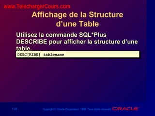 1-28 Copyright © Oracle Corporation, 1998. Tous droits réservés.
Affichage de la Structure
d’une Table
Utilisez la commande SQL*PlusUtilisez la commande SQL*Plus
DESCRIBE pour afficher la structure d’uneDESCRIBE pour afficher la structure d’une
table.table.
DESC[RIBE] tablenameDESC[RIBE] tablename
www.TelechargerCours.com
 