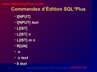 1-31 Copyright © Oracle Corporation, 1998. Tous droits réservés.
Commandes d’Édition SQL*Plus
• I[NPUT]
• I[NPUT] text
• L[IST]
• L[IST] n
• L[IST] m n
• R[UN]
• n
• n text
• 0 text
www.TelechargerCours.com
 